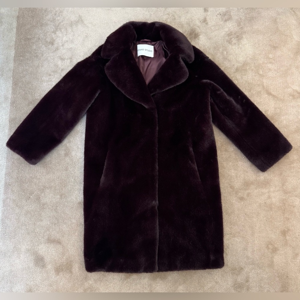 Stand Studio Burgundy Faux Fur Coat